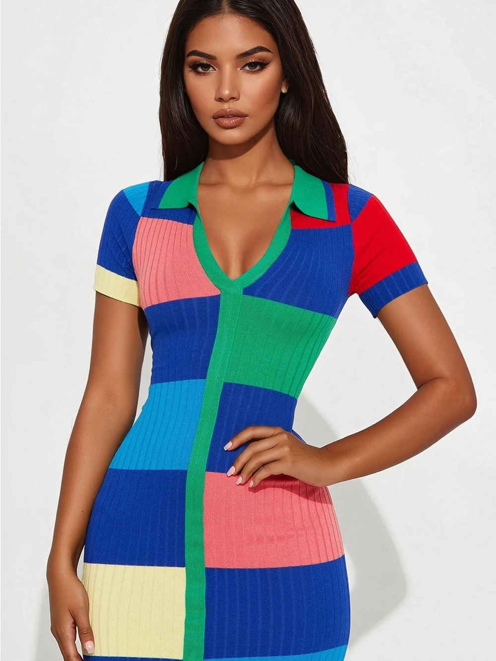 Multicolor Ribbed Zip-Front Colorblock Midi Dress NWT. LARGE - Picture 5 of 13